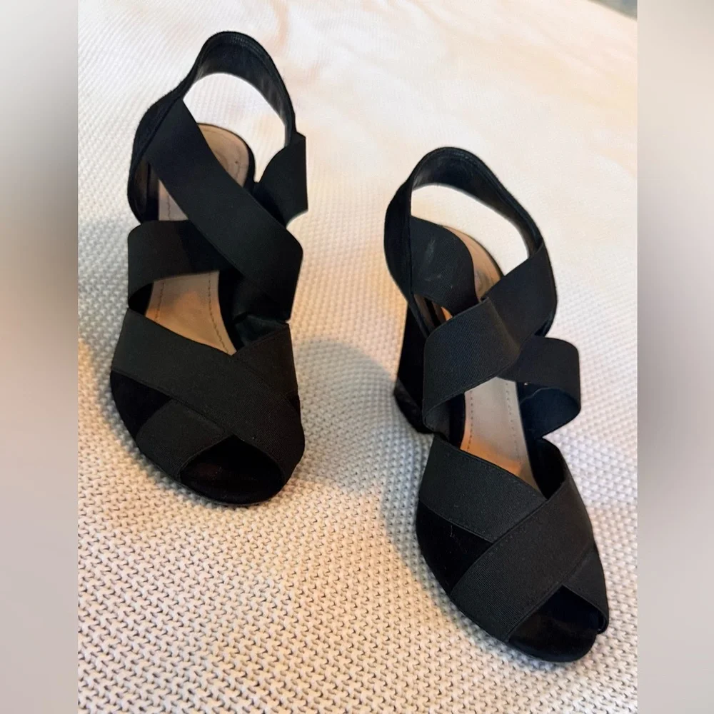 TORY BURCH Debbie Strappy Black Suede Leather Wedge Heels Sandals Women’s Shoes